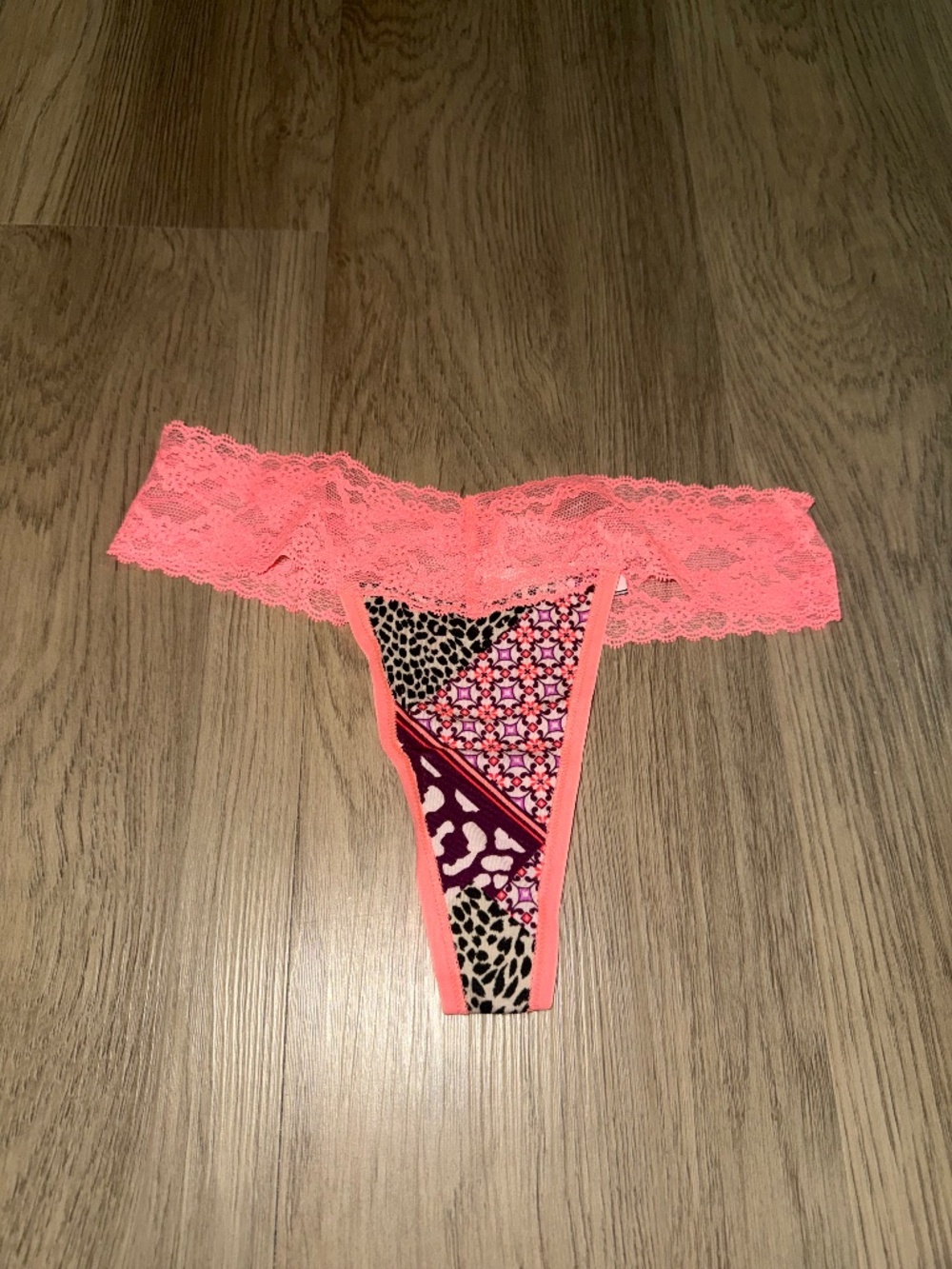 Victoria’s Secret XS Coral Lace Thong Leopard Patchwork Print Coquette